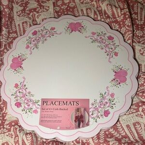 Valentine’s Day heart and bow pink and white set of 4 round cork placemats